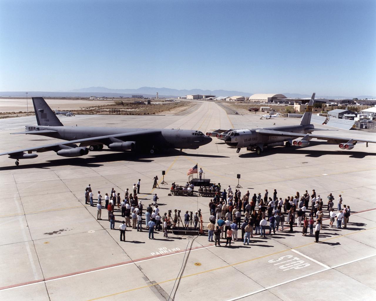 A newly arrived B-52H is seen here alongside NASA Dryden's venerable B-52 "B" model during its arrival ceremony on August 1, 2001.