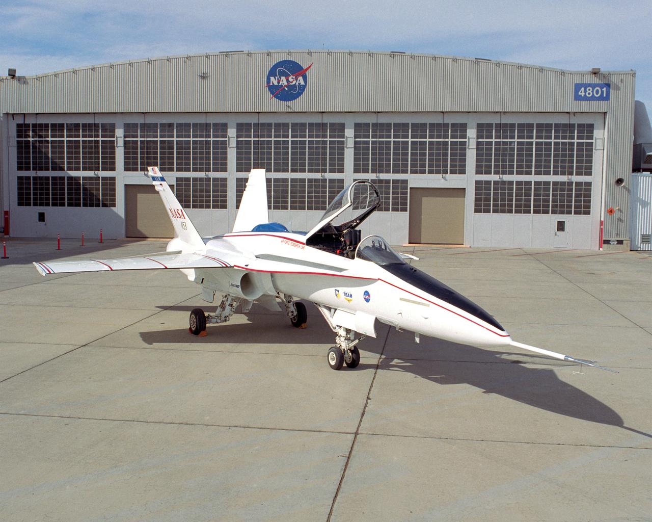 This modified F/A-18A is the test aircraft for the Active Aeroelastic Wing (AAW) project at NASA's Dryden Flight Research Center, Edwards, California.