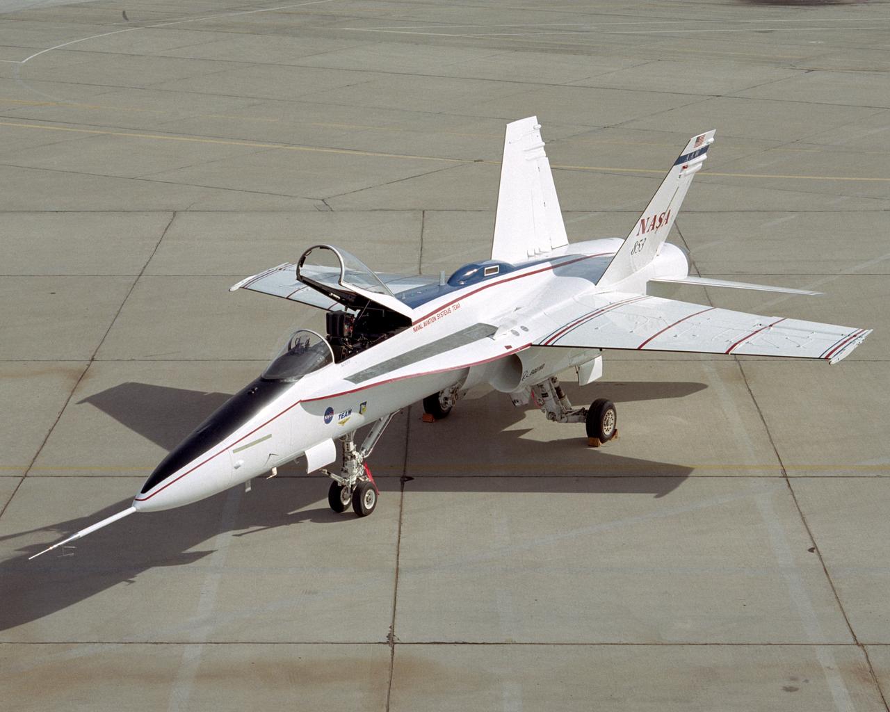 This modified F/A-18A is the test aircraft for the Active Aeroelastic Wing (AAW) project at NASA's Dryden Flight Research Center, Edwards, California.