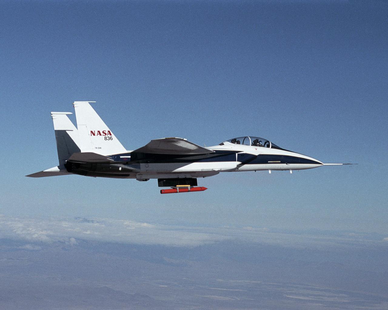 NASA Dryden's new in-house designed Propulsion Flight Test Fixture (PFTF) flew mated to a specially-equipped supersonic F-15B research aircraft during December 2001 and January 2002.