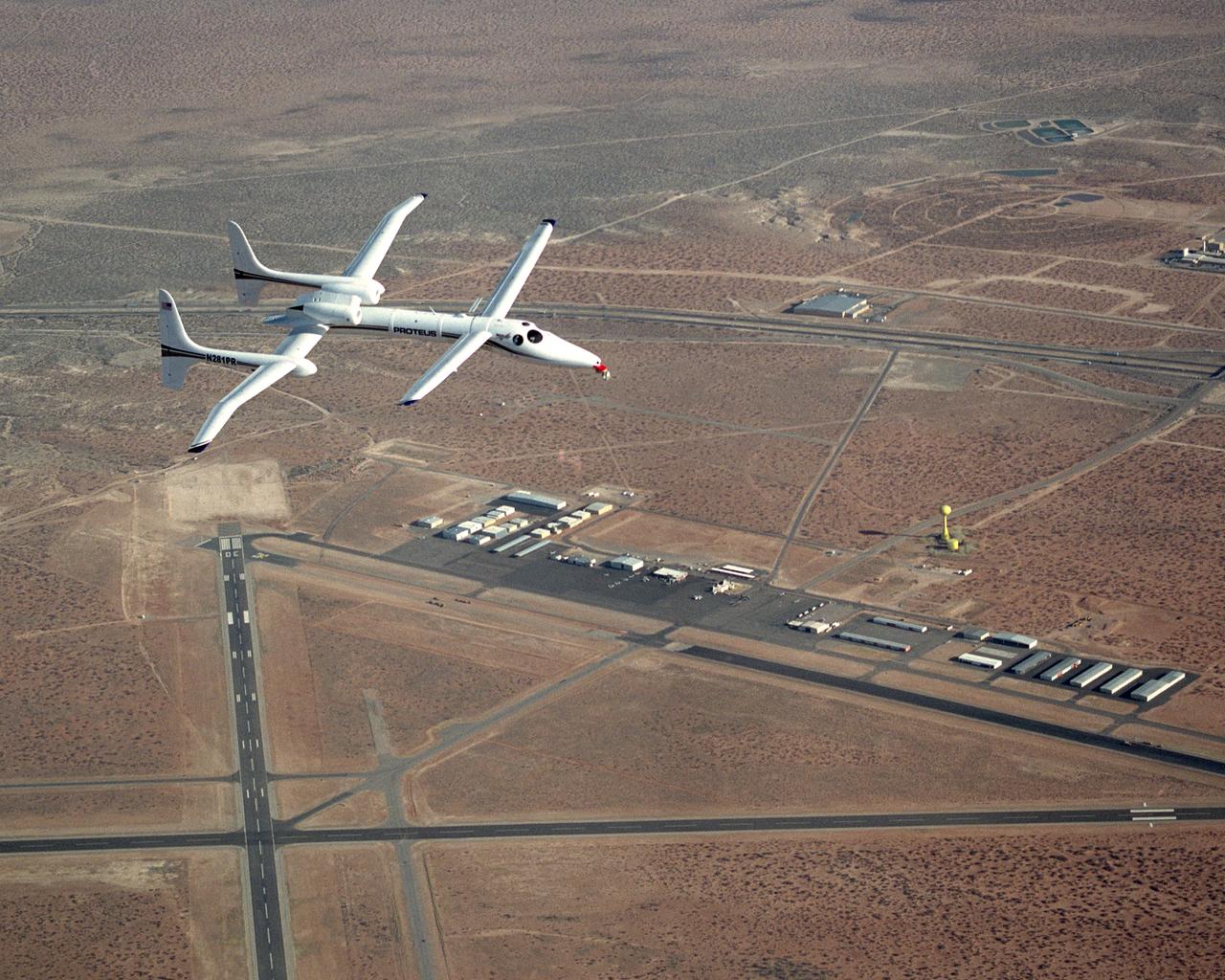 Proteus aircraft over Las Cruces International Airport in New Mexico.