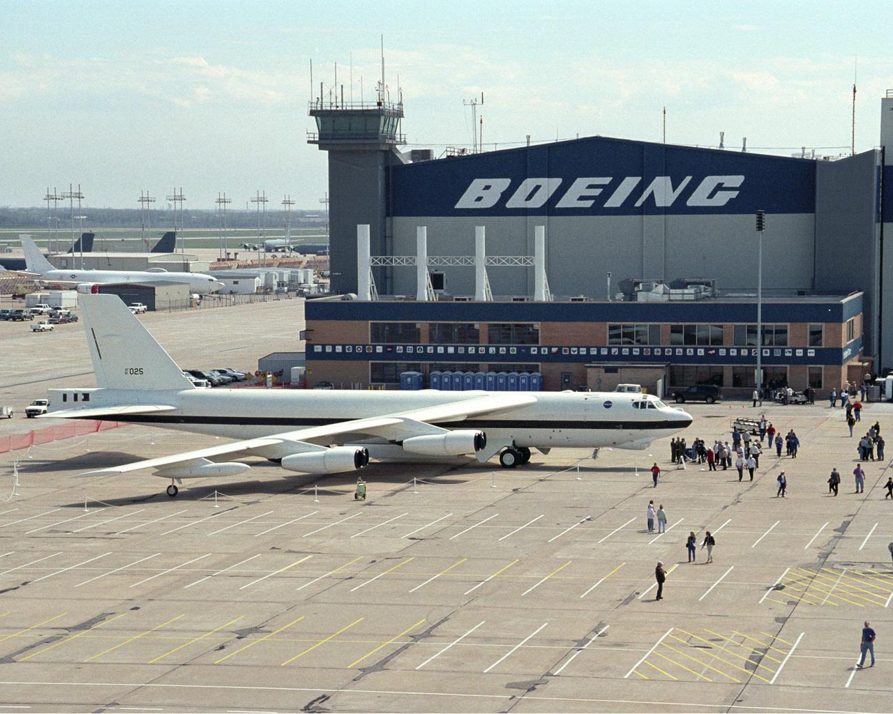 NASA's new white B-52H, destined to join a veteran B-52B mother ship at NASA's Dryden Flight Research Center, was exhibited at the Boeing plant in Wichita, Kansas, April 12, 2002 during the 50th anniversary commemoration of the B-52 series of aircraft.