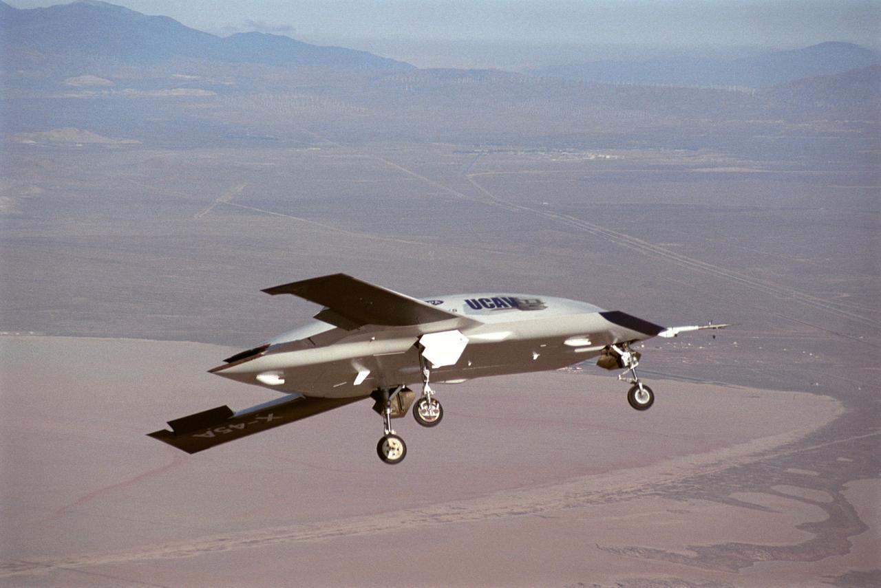 X-45A Unmanned Combat Air Vehicle, or UCAV, technology demonstration aircraft in flight during its first flight at Edwards Air Force Base, California.