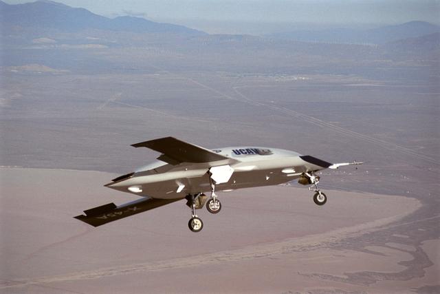 NASA image: X-45A Unmanned Combat Air Vehicle, or UCAV, technology demonstration aircraft in flight during its first flight at Edwards Air Force Base, California