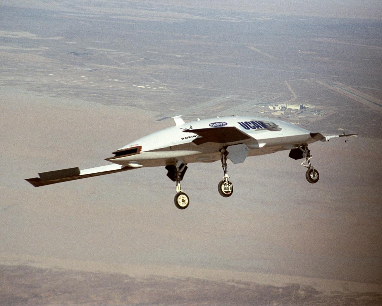 X-45A Unmanned Combat Air Vehicle, or UCAV, technology demonstration aircraft in flight during its first flight at Edwards Air Force Base, California.