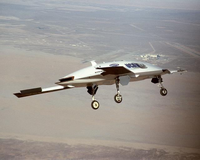 NASA image: X-45A Unmanned Combat Air Vehicle, or UCAV, technology demonstration aircraft in flight during its first flight at Edwards Air Force Base, California