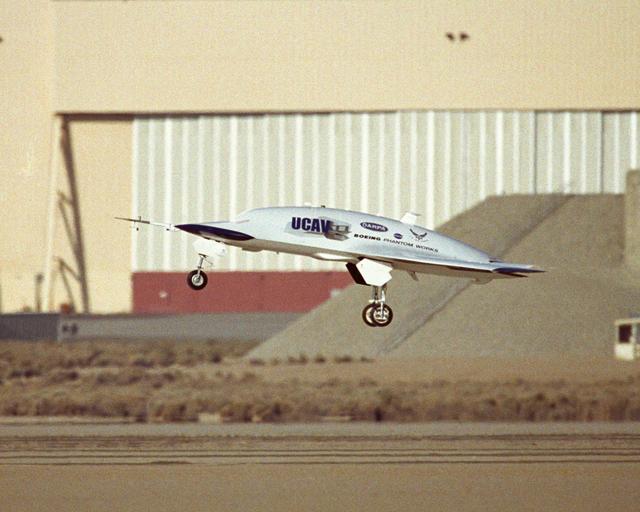 NASA image: X-45A Unmanned Combat Air Vehicle, or UCAV, technology demonstration aircraft in flight during its first flight at Edwards Air Force Base, California