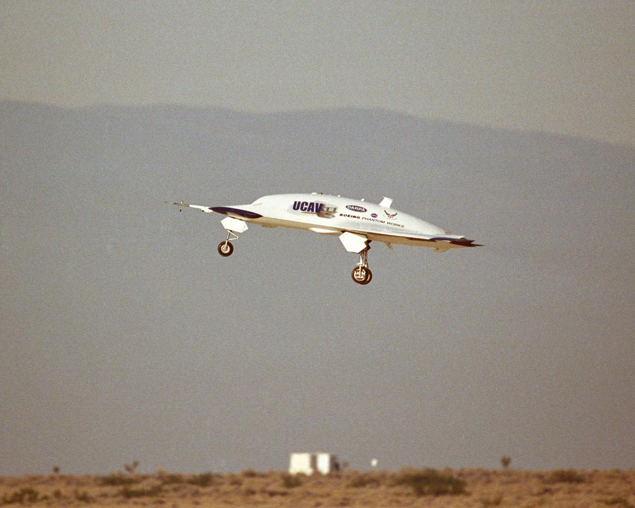 X-45A Unmanned Combat Air Vehicle, or UCAV, technology demonstration aircraft in flight during its first flight at Edwards Air Force Base, California.