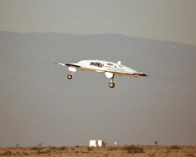 NASA image: X-45A Unmanned Combat Air Vehicle, or UCAV, technology demonstration aircraft in flight during its first flight at Edwards Air Force Base, California