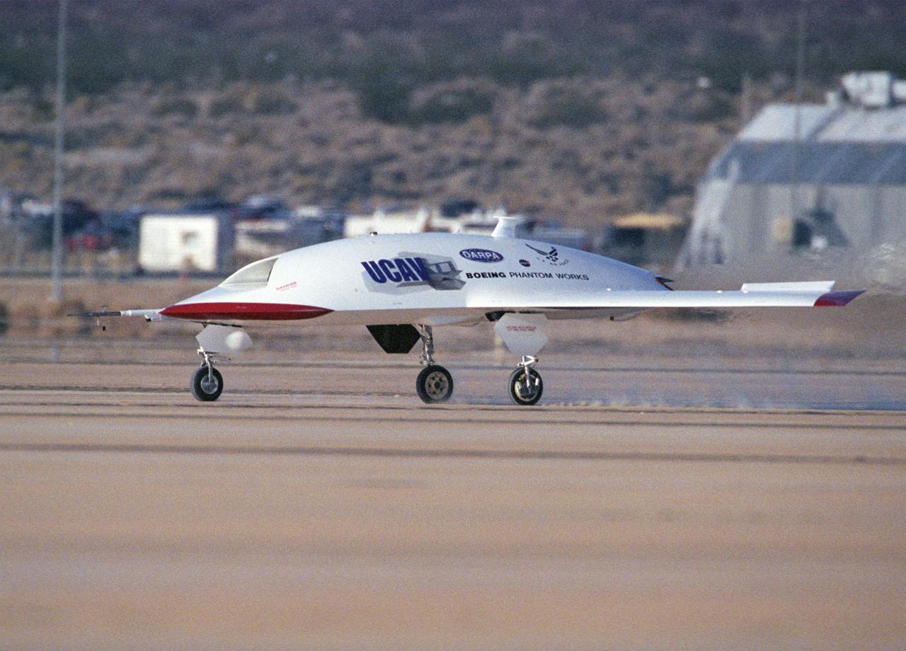 The second X-45A Unmanned Combat Air Vehicle (UCAV) technology demonstrator completed its first flight on November 21, 2002, after taking off from a dry lakebed at NASA's Dryden Flight Research Center, Edwards Air Force Base, California.  X-45A vehicle two flew for approximately 30 minutes and reached an airspeed of 195 knots and an altitude of 7500 feet. This flight validated the functionality of the UCAV flight software on the second air vehicle.  Dryden is supporting the DARPA/Boeing team in the design, development, integration, and demonstration of the critical technologies, processes, and system attributes leading to an operational UCAV system. Dryden support of the X-45A demonstrator system includes analysis, component development, simulations, ground and flight tests.