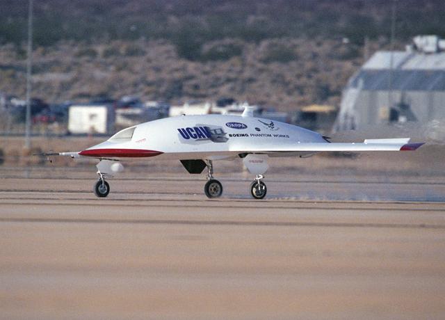 NASA image: The second X-45A Unmanned Combat Air Vehicle (UCAV) technology demonstrator aircraft during its maiden flight. The flight marks another milestone for the UCAV program, and verified the aircraft's flight control software