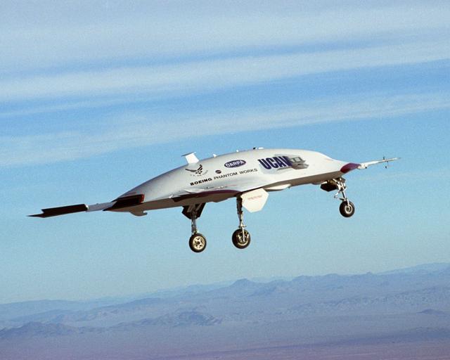 NASA image: The second X-45A Unmanned Combat Air Vehicle (UCAV) technology demonstrator aircraft during its maiden flight. The flight marks another milestone for the UCAV program, and verified the aircraft's flight control software