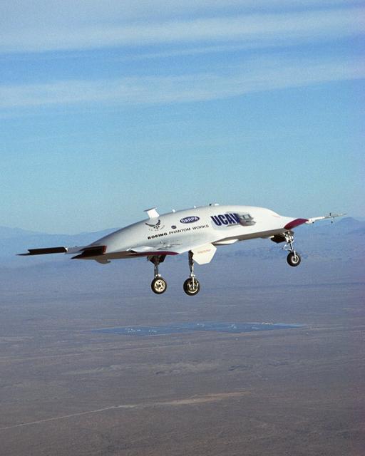 NASA image: The second X-45A Unmanned Combat Air Vehicle (UCAV) technology demonstrator aircraft during its maiden flight. The flight marks another milestone for the UCAV program, and verified the aircraft's flight control software