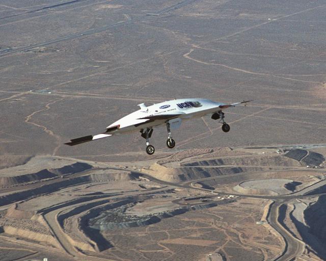 NASA image: The second X-45A Unmanned Combat Air Vehicle (UCAV) technology demonstrator aircraft during its maiden flight. The flight marks another milestone for the UCAV program, and verified the aircraft's flight control software