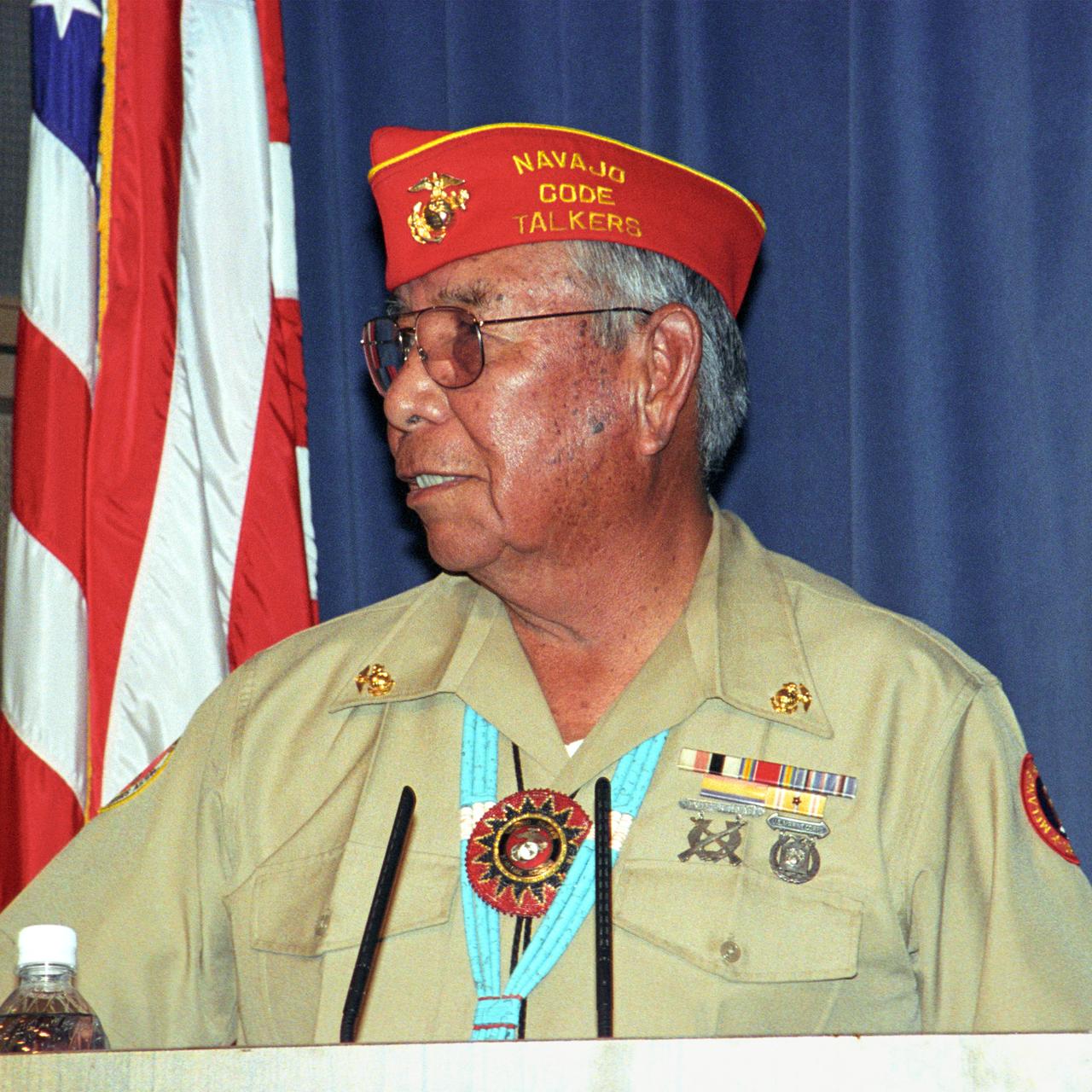 Navajo Code Talker Joe Morris, Sr. shared insights from his time as a secret World War Two messenger with his audience at NASA's Dryden Flight Research Center on Nov. 26, 2002. NASA Dryden is located on Edwards Air Force Base in California's Mojave Desert.