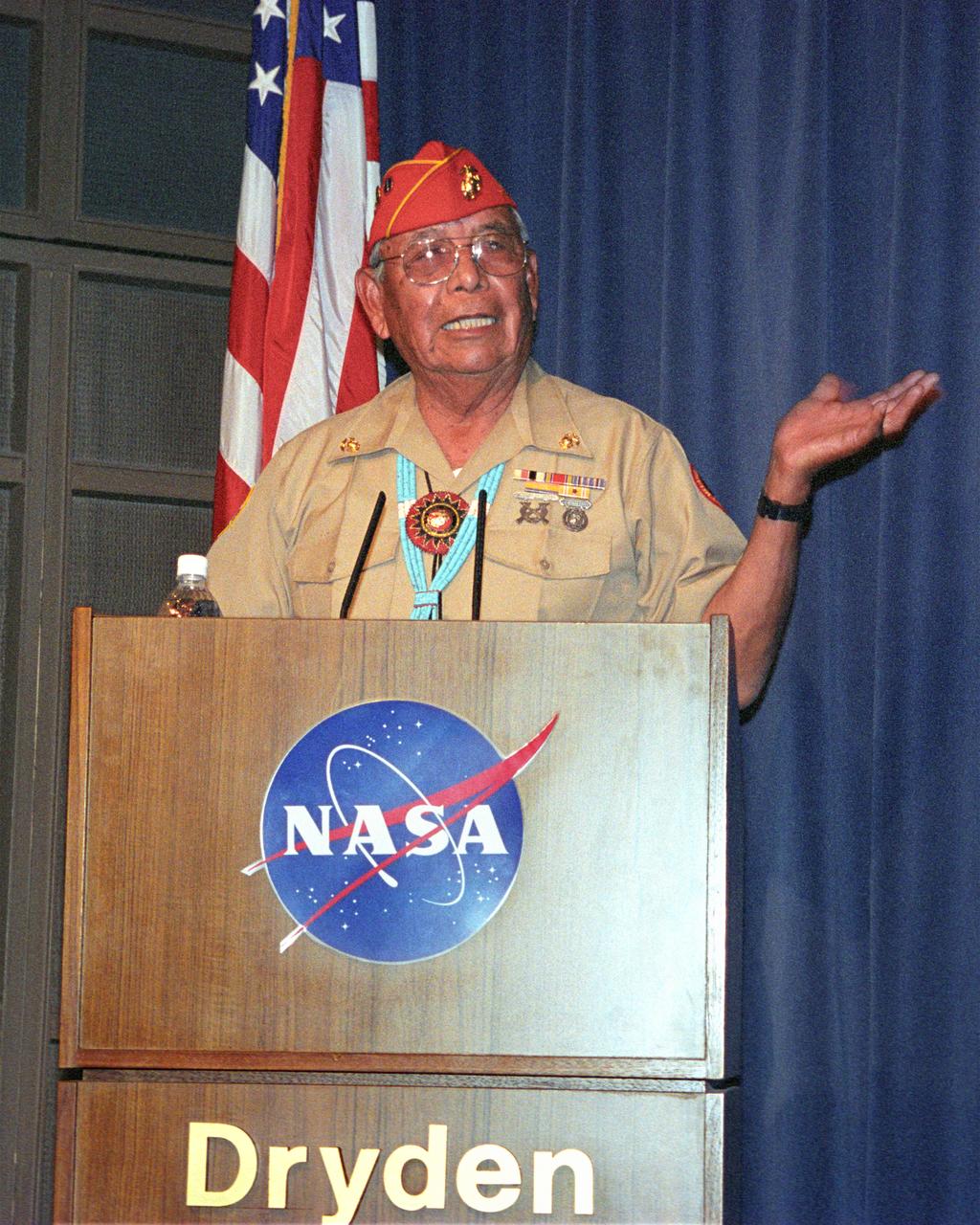 Navajo Code Talker Joe Morris, Sr. shared insights from his time as a secret World War Two messenger with his audience at NASA's Dryden Flight Research Center on Nov. 26, 2002. NASA Dryden is located on Edwards Air Force Base in California's Mojave Desert.