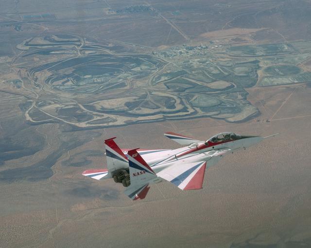 NASA image: NASA Dryden's highly modified F-15B, tail number 837, seen here with the Boron Mine as a backdrop, resumed Intelligent Flight Control System (IFCS) project flights on Dec. 6, 2002.