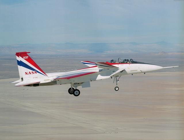 NASA image: This view from a NASA Dryden F-18 chase aircraft shows Dryden's highly modified F-15B, tail number 837, which resumed Intelligent Flight Control System (IFCS) project flights on Dec. 6, 2002.
