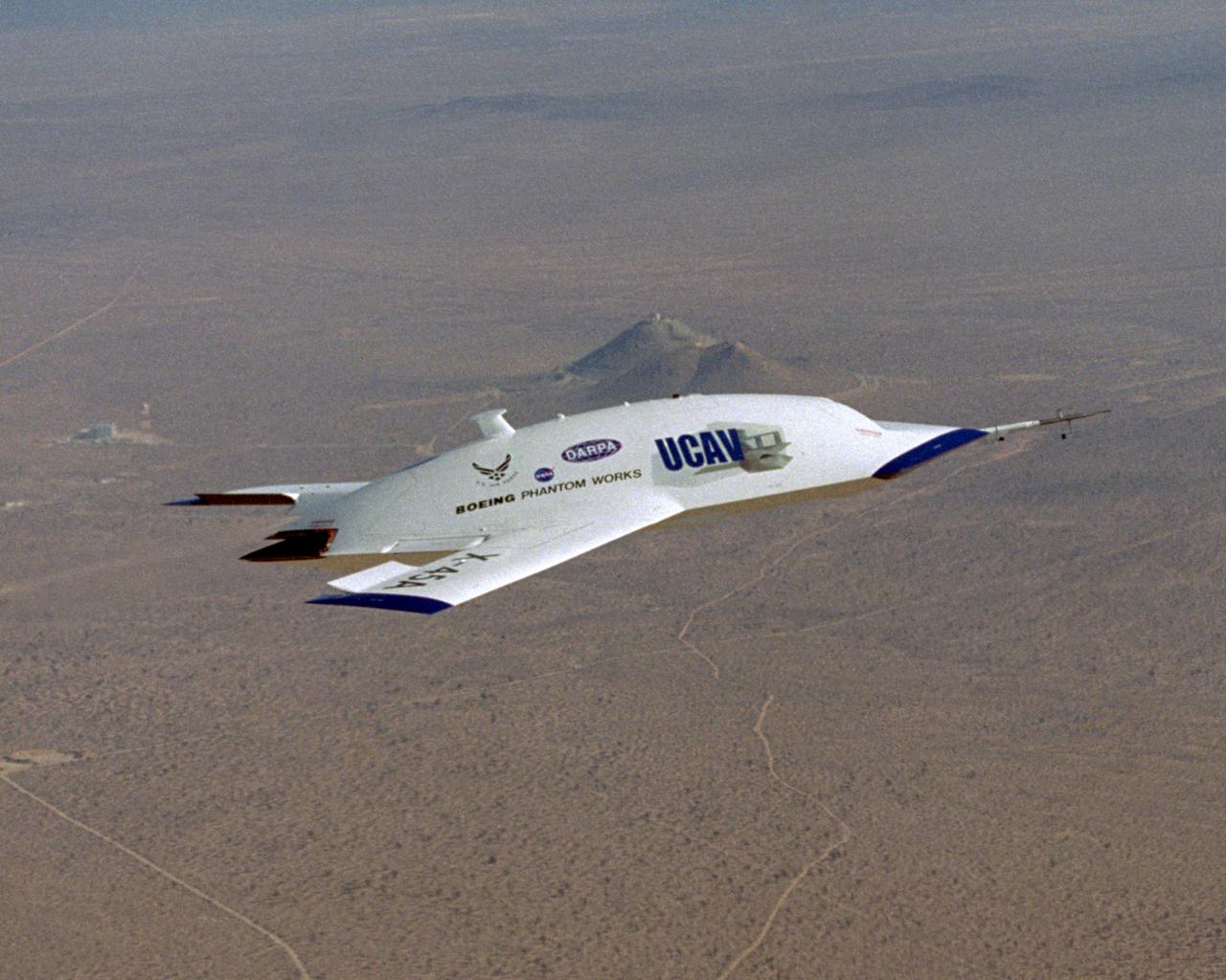 The first X-45A Unmanned Combat Air Vehicle (UCAV) technology demonstrator completed its sixth flight on Dec. 19, 2002, raising its landing gear in flight for the first time. The X-45A flew for 40 minutes and reached an airspeed of 195 knots and an altitude of 7,500 feet.  Dryden is supporting the DARPA/Boeing team in the design, development, integration, and demonstration of the critical technologies, processes, and system attributes leading to an operational UCAV system. Dryden support of the X-45A demonstrator system includes analysis, component development, simulations, ground and flight tests.
