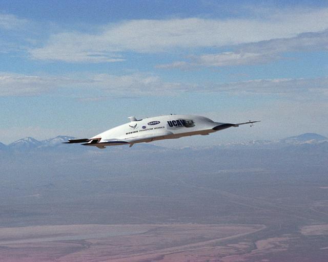 NASA image: The first X-45A Unmanned Combat Air Vehicle (UCAV) technology demonstrator completed its sixth flight on Dec. 19, 2002, raising its landing gear in flight for the first time. The X-45A flew for 40 minutes and reached an airspeed of 195 knots