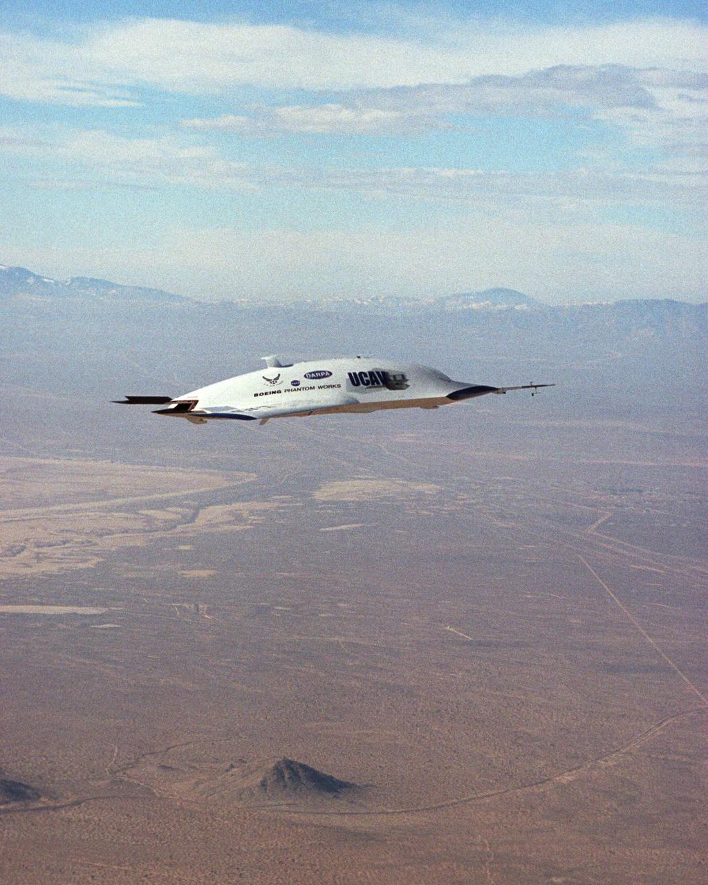 The first X-45A Unmanned Combat Air Vehicle (UCAV) technology demonstrator completed its sixth flight on Dec. 19, 2002, raising its landing gear in flight for the first time. The X-45A flew for 40 minutes and reached an airspeed of 195 knots and an altitude of 7,500 feet.  Dryden is supporting the DARPA/Boeing team in the design, development, integration, and demonstration of the critical technologies, processes, and system attributes leading to an operational UCAV system. Dryden support of the X-45A demonstrator system includes analysis, component development, simulations, ground and flight tests.