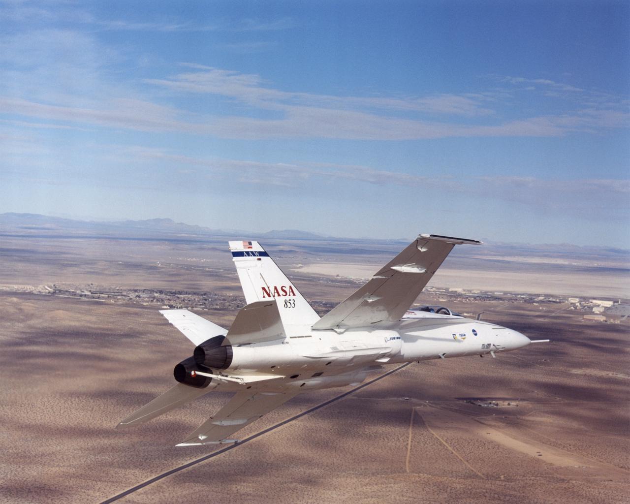 NASA 853, a modified former Navy F/A-18A fighter plane, is now performing research duties in the Active Aeroelastic Wing project at NASA Dryden Flight Research Center, Edwards AFB, California.