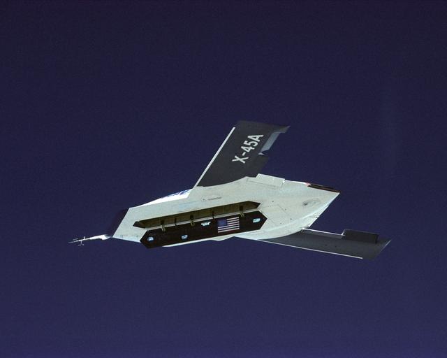 NASA image: X-45A Air Vehicle #1 during flight #13, with weapons bay door open