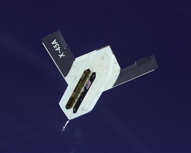NASA image: X-45A Air Vehicle #1 during flight #13, with weapons bay door open