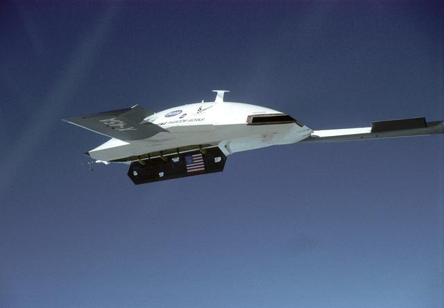 NASA image: X-45A Air Vehicle #1 during flight #13, with weapons bay door open