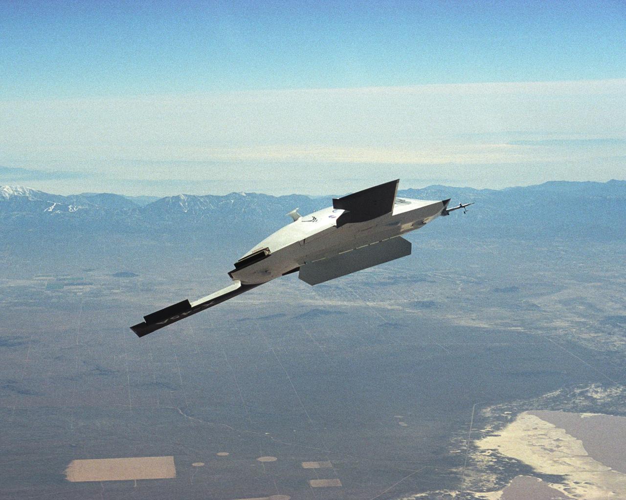 The DARPA/U.S. Air Force X-45A Unmanned Combat Air Vehicle (UCAV) system demonstration program completed the first phase of demonstrations, known as Block I, on Feb. 28, 2003. The final Block I activities included two flights at Dryden, during which safe operation of the weapons bay door was verified at 35,000 feet and speeds of Mach 0.75, the maximum planned altitude and speed for the two X-45A demonstrator vehicles.