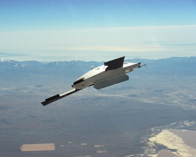 NASA image: X-45A Air Vehicle #1 during flight #13, with weapons bay door open