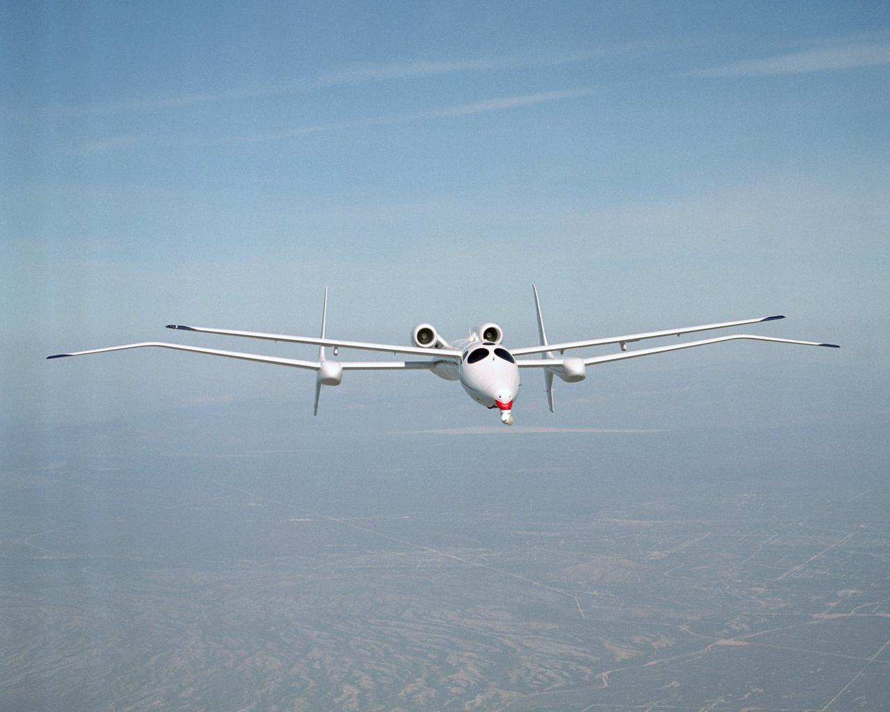 Scaled Composites' unique tandem-wing Proteus was the testbed for a series of UAV collision-avoidance flight demonstrations. An Amphitech 35GHz radar unit installed below Proteus' nose was the primary sensor for the Detect, See and Avoid tests.