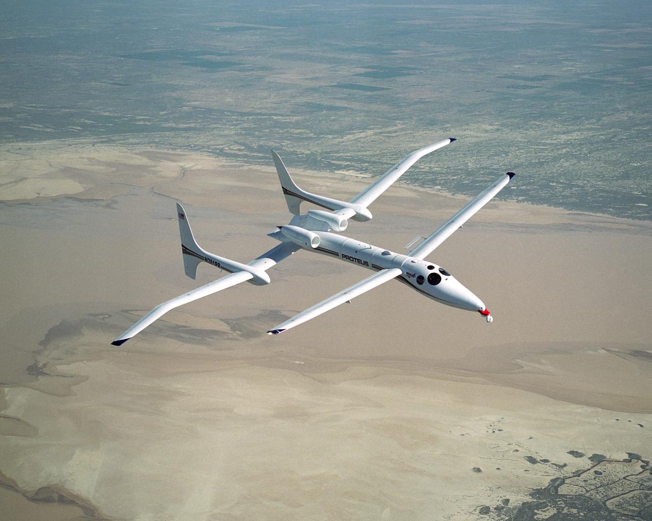 Scaled Composites' unique tandem-wing Proteus was the testbed for a series of UAV collision-avoidance flight demonstrations. An Amphitech 35GHz radar unit installed below Proteus' nose was the primary sensor for the Detect, See and Avoid tests.