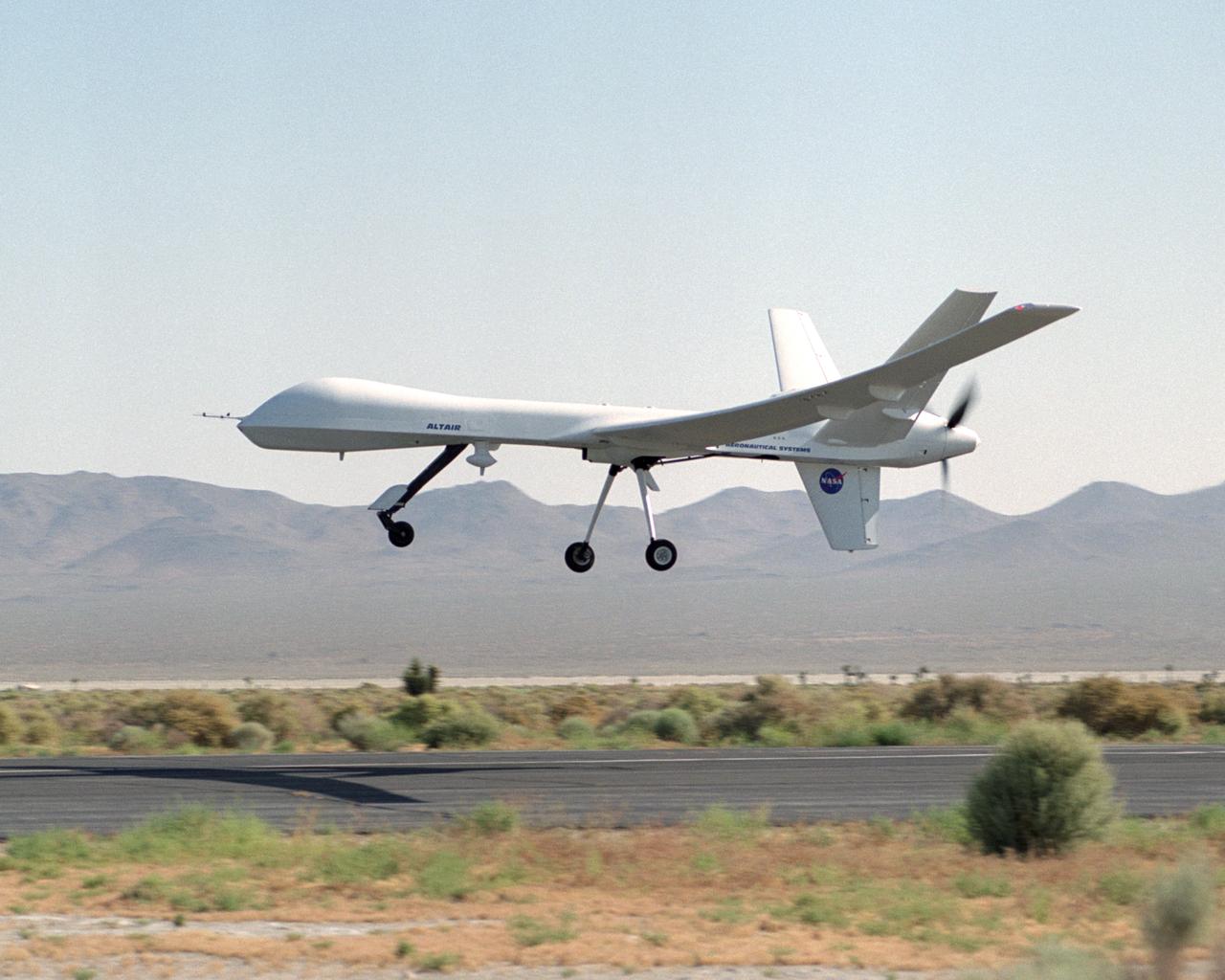 The remotely-piloted Altair unmanned aerial vehicle (UAV) took to the air on its first checkout flight on June 9, 2003 at El Mirage, California.