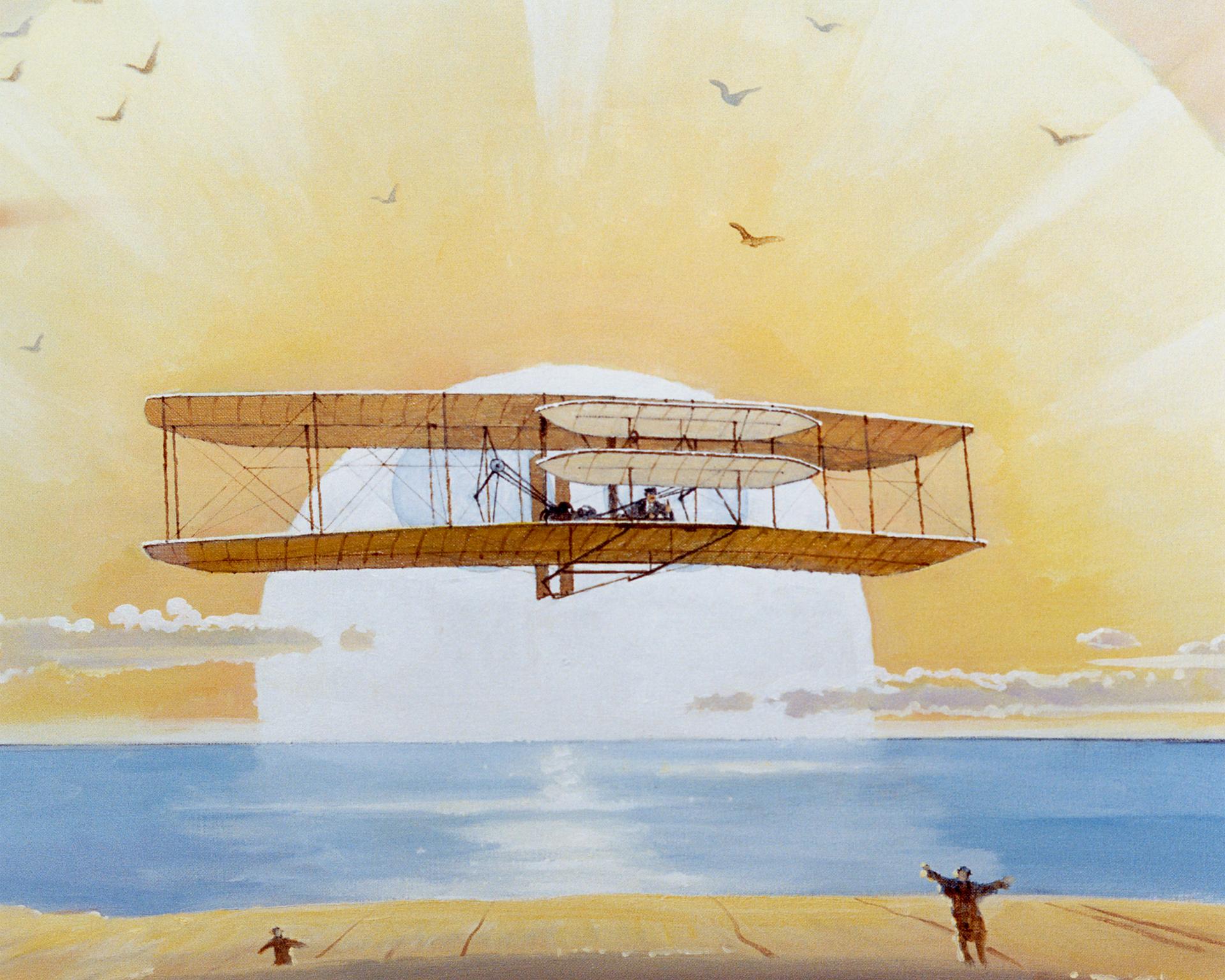 Artist mural of the Wright Flyer on sunrise in flight over waters and a beach.