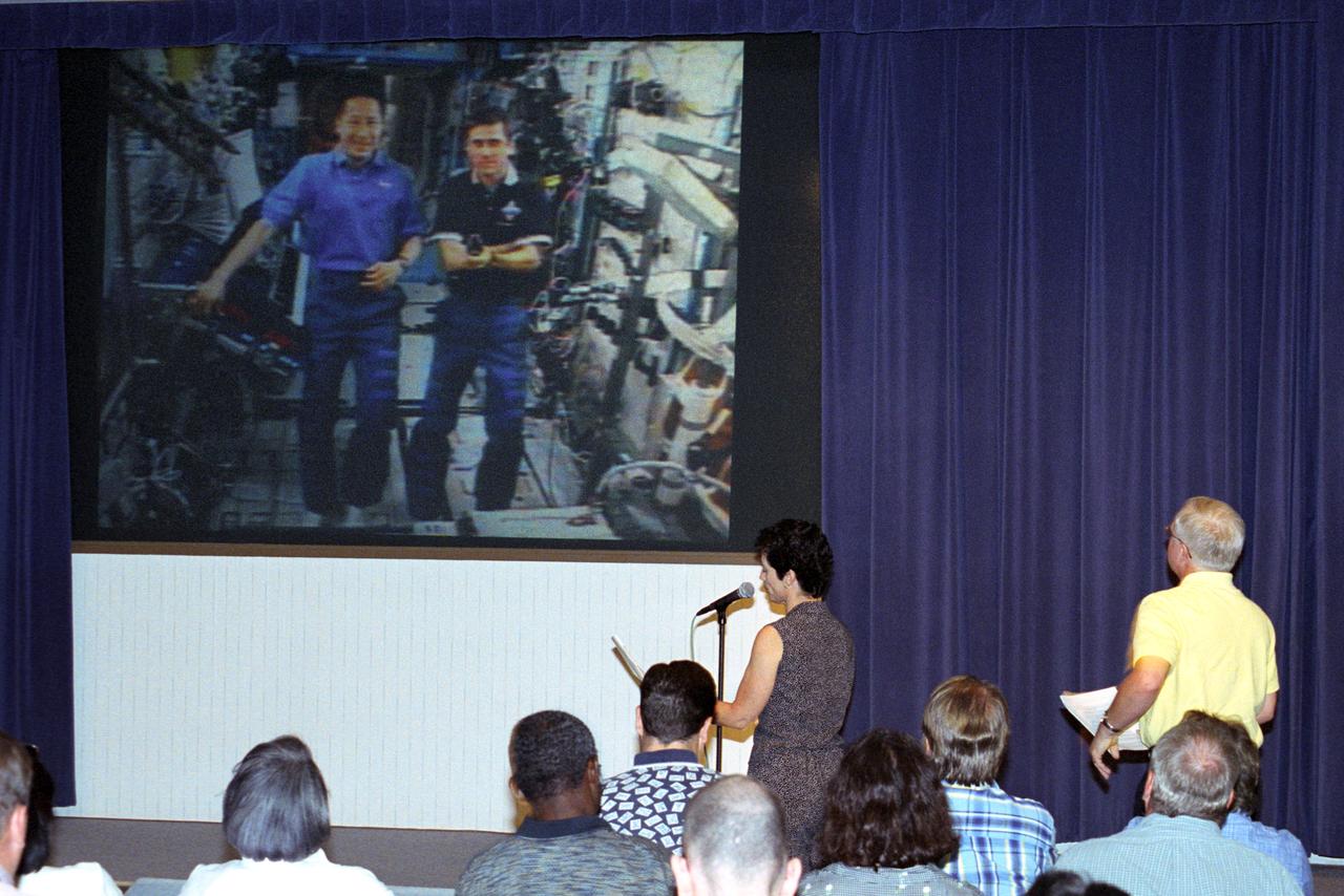 Teacher Kim Cantrell from the Edwards Air Force Base Middle School, Edwards, Calif., participating in a live uplink at NASA Dryden as part of NASA's Explorer Schools program, asks the crew of the International Space Station a question.