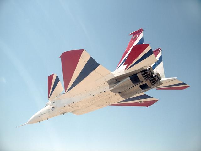 NASA image: NASA Dryden's highly modified F-15B aircraft, tail number 837, serves as an Intelligent Flight Control System (IFCS) research testbed aircraft