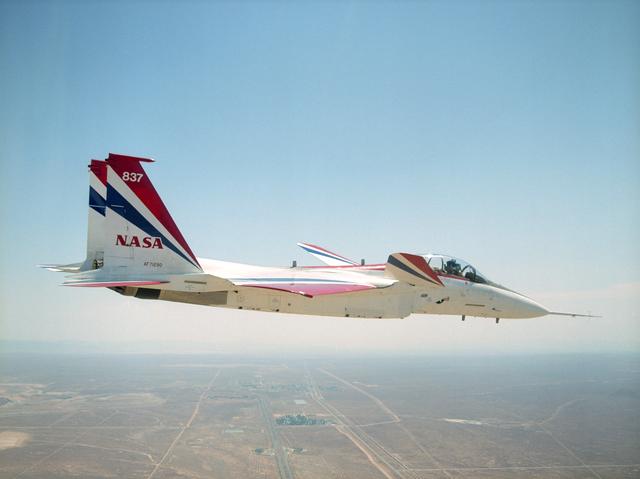 NASA image: NASA Dryden's highly modified F-15B aircraft, tail number 837, serves as an Intelligent Flight Control System (IFCS) research testbed aircraft