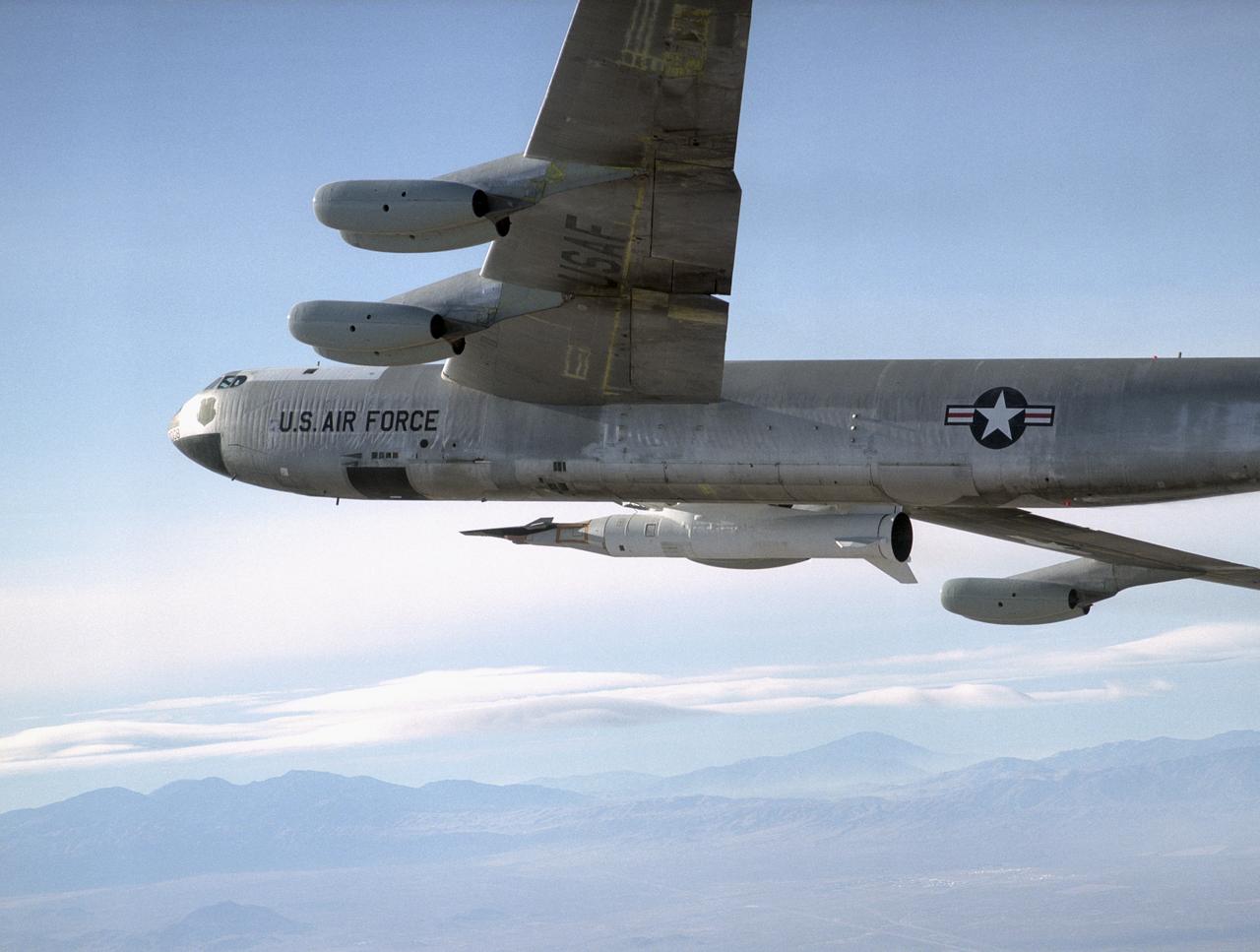 NASA's historic B-52 mother ship carried the X-43A and its Pegasus booster rocket on a captive carry flight from Edwards Air Force Base Jan. 26, 2004. The X-43A and its booster remained mated to the B-52 throughout the two-hour flight, intended to check its readiness for launch. The hydrogen-fueled aircraft is autonomous and has a wingspan of approximately 5 feet, measures 12 feet long and weighs about 2,800 pounds.