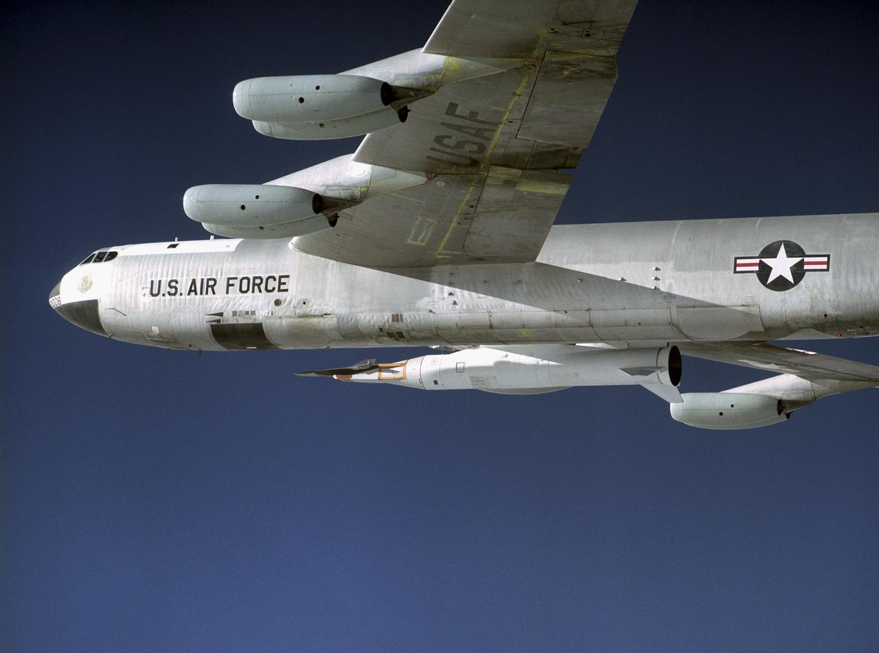 NASA's historic B-52 mother ship carried the X-43A and its Pegasus booster rocket on a captive carry flight from Edwards Air Force Base Jan. 26, 2004. The X-43A and its booster remained mated to the B-52 throughout the two-hour flight, intended to check its readiness for launch. The hydrogen-fueled aircraft is autonomous and has a wingspan of approximately 5 feet, measures 12 feet long and weighs about 2,800 pounds.