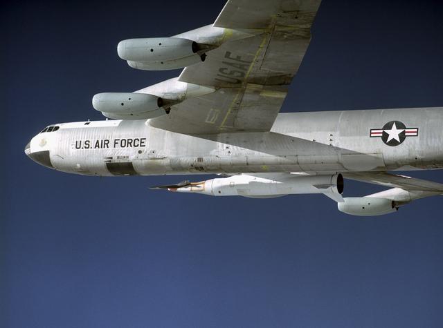 NASA's B-52 mother ship carries the X-43A and its booster rocket on a captive carry flight Jan. 26, 2004