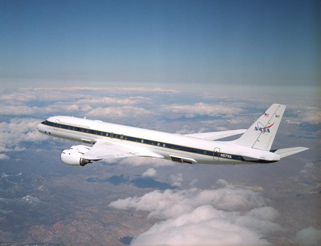 NASA image: NASA's DC-8 Airborne Science research aircraft, in new colors and markings, in flight Feb. 24, 2004