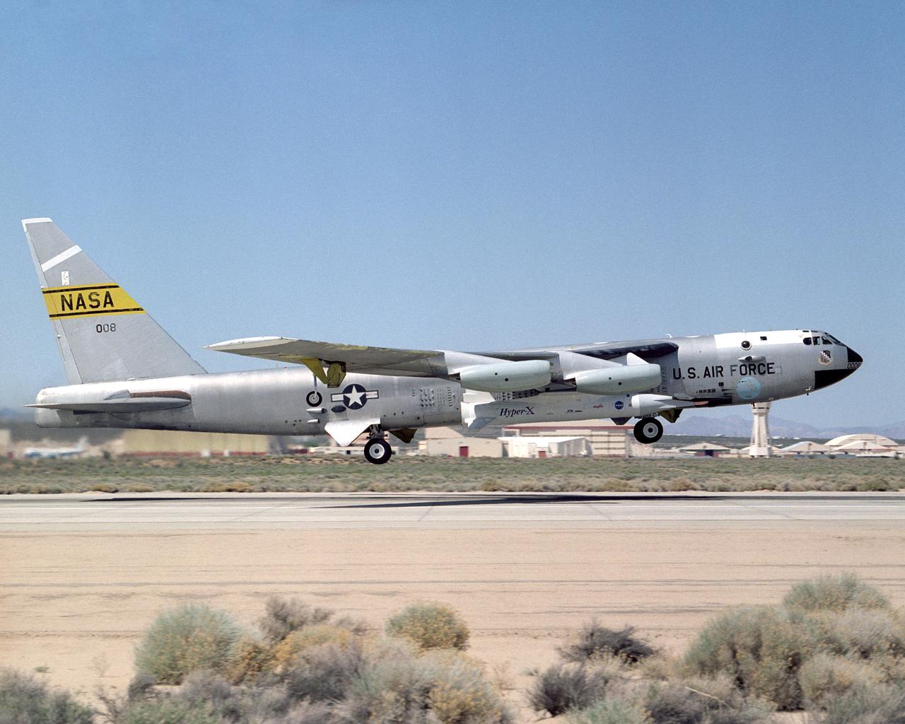 The second X-43A hypersonic research aircraft and its modified Pegasus booster rocket left the runway, carried aloft by NASA's B-52B launch aircraft from the NASA Dryden Flight Research Center at Edwards Air Force Base, Calif., on March 27, 2004. About an hour later the Pegasus booster was launched from the B-52 to accelerate the X-43A to its intended speed of Mach 7.
