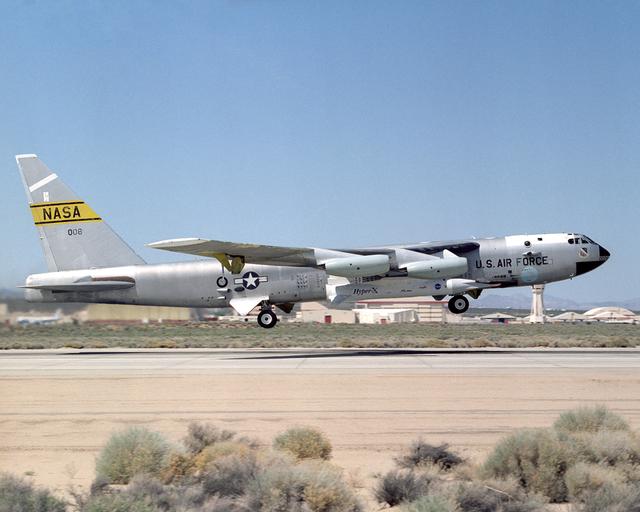 NASA image: NASA's B-52B launch aircraft takes off carrying the second X-43A hypersonic research vehicle attached to a modified Pegasus rocket, on March 27, 2004
