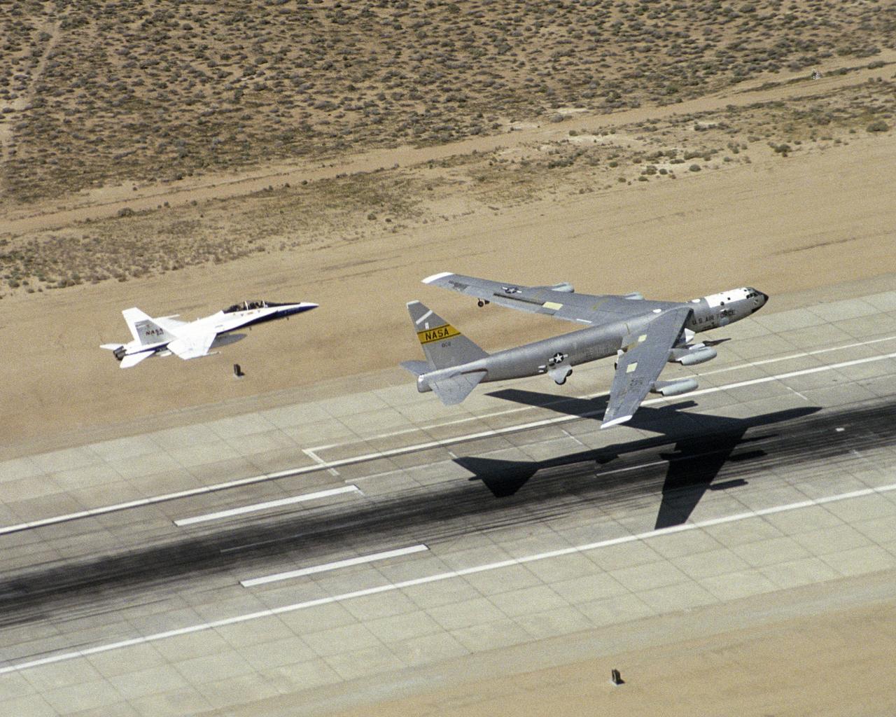 The second X-43A hypersonic research aircraft and its modified Pegasus booster rocket left the runway, carried aloft by NASA's B-52B launch aircraft from the NASA Dryden Flight Research Center at Edwards Air Force Base, Calif., on March 27, 2004. About an hour later the Pegasus booster was launched from the B-52 to accelerate the X-43A to its intended speed of Mach 7.