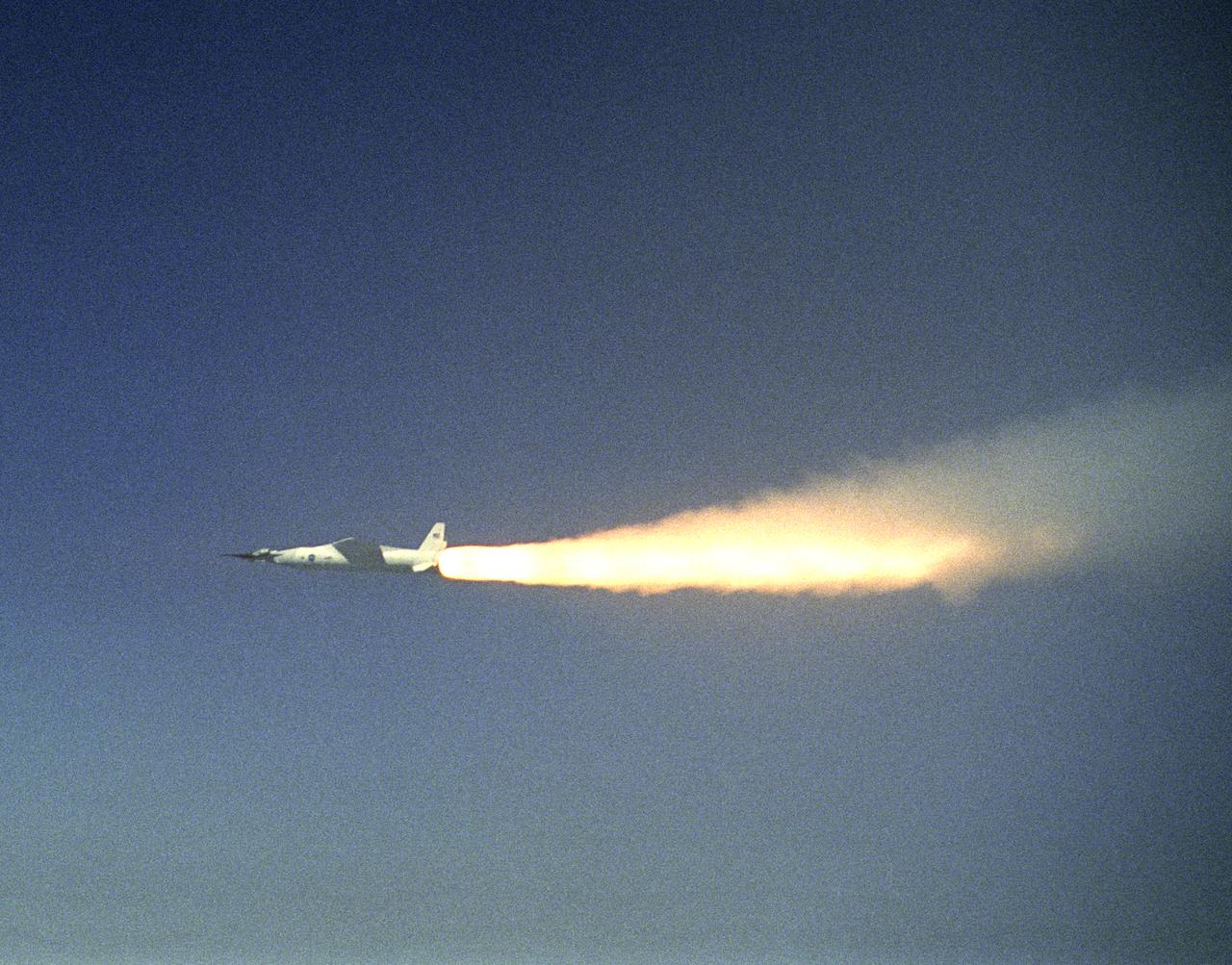 The second X-43A hypersonic research aircraft and its modified Pegasus booster rocket accelerate after launch from NASA's B-52B launch aircraft over the Pacific Ocean on March 27, 2004. The mission originated from the NASA Dryden Flight Research Center at Edwards Air Force Base, Calif. Minutes later the X-43A separated from the Pegasus booster and accelerated to its intended speed of Mach 7. In a combined research effort involving Dryden, Langley, and several industry partners, NASA demonstrated the value of its X-43A hypersonic research aircraft, as it became the first air-breathing, unpiloted, scramjet-powered plane to fly freely by itself. The March 27 flight, originating from NASA's Dryden Flight Research Center, began with the Agency's B-52B launch aircraft carrying the X-43A out to the test range over the Pacific Ocean off the California coast. The X-43A was boosted up to its test altitude of about 95,000 feet, where it separated from its modified Pegasus booster and flew freely under its own power.  Two very significant aviation milestones occurred during this test flight: first, controlled accelerating flight at Mach 7 under scramjet power, and second, the successful stage separation at high dynamic pressure of two non-axisymmetric vehicles. To top it all off, the flight resulted in the setting of a new aeronautical speed record. The X-43A reached a speed of over Mach 7, or about 5,000 miles per hour faster than any known aircraft powered by an air-breathing engine has ever flown.