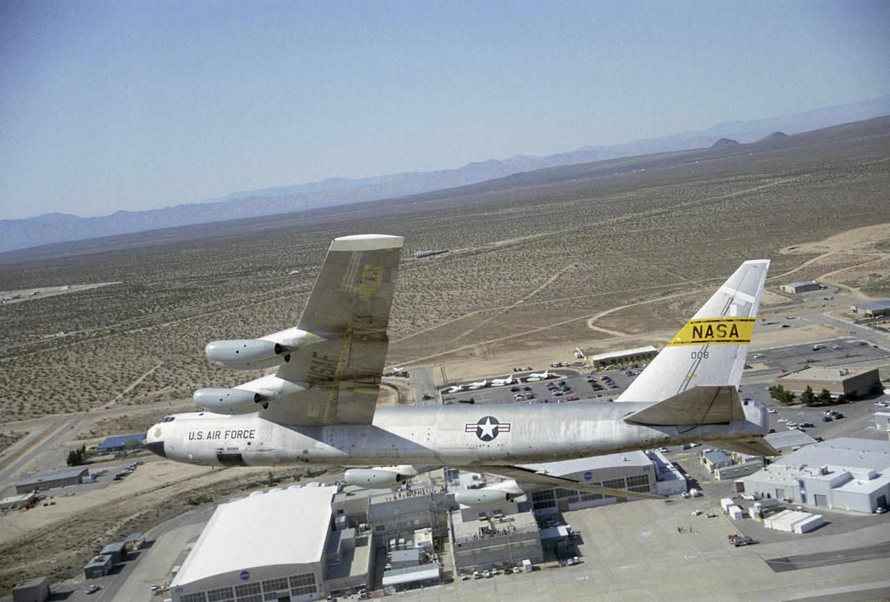 NASA's B-52B aircraft over the Dryden Flight Research Center after the successful launch of the second X-43A hypersonic research vehicle.
