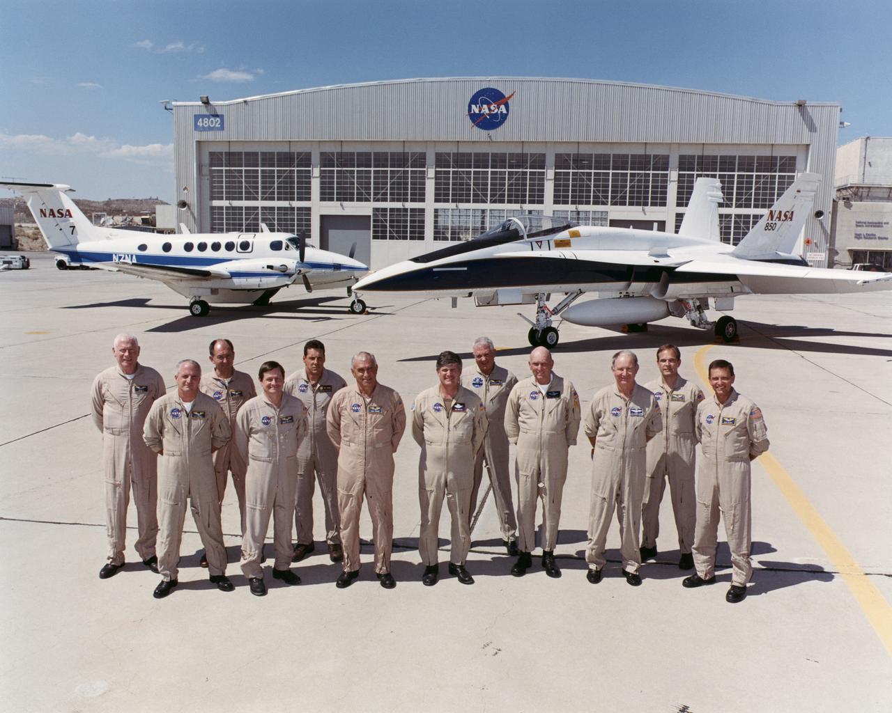2004 NASA Dryden Research Pilots. Left to Right: Edwin W. Lewis, Jr., David A. Wright (Director of Flight Operations), William Frederick Brockett, Frank Batteas, Craig R. Bomben, Richard G. Ewers, James W. Smolka, Douglas H. Baker, C. Gordon Fullerton (Chief Pilot), James Barrilleaux, Martin J. Trout, and Mark Pestana. (not pictured: Dana Purifoy)