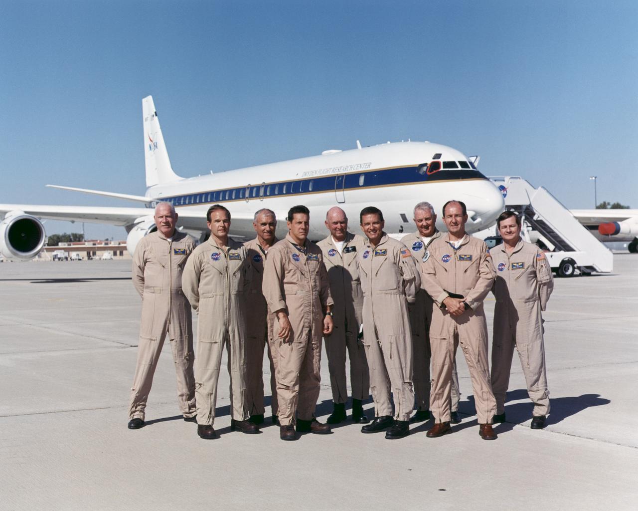 2004 NASA Dryden DC-8 flight crew. Left to Right: Edwin W. Lewis, Jr., Martin J. Trout, Richard G. Ewers, Craig R. Bomben, C. Gordon Fullerton (Chief Pilot), Mark Pestana, Douglas H. Baker, William Frederick Brockett, and Frank Batteas.