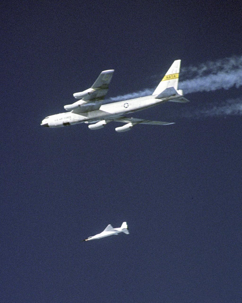The third X-43A hypersonic research aircraft and its modified Pegasus booster rocket drop away from NASA's B-52B launch aircraft over the Pacific Ocean on November 16, 2004. The mission originated from the NASA Dryden Flight Research Center at Edwards Air Force Base, California. Moments later the Pegasus booster ignited to accelerate the X-43A to its intended speed of Mach 10.